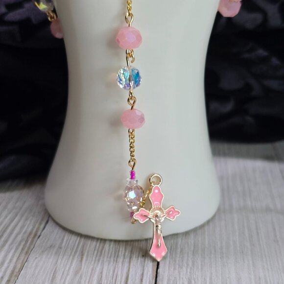 Handcrafted Pink and Gold Delicate and Elegant Aurora Rosary Christmas Gift - Picture 2 of 10